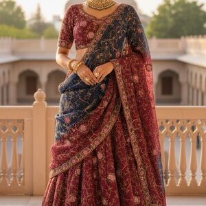 Designer Royal Maroon & Navy Bridal Lehnga – Exquisite Hand-Work & Zardosi